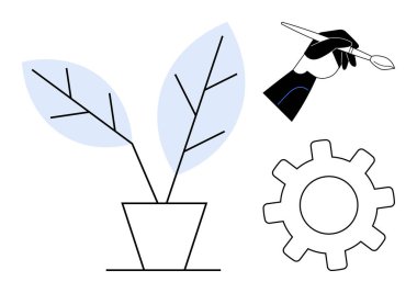 Soyut saksı bitkisi, boya fırçası tutan el ve yaratıcılığı, ilerlemeyi, büyümeyi ve yeniliği temsil eden bir dişli. Tasarım, çevre, sanat teknolojisi ekip çalışması geliştirme için ideal