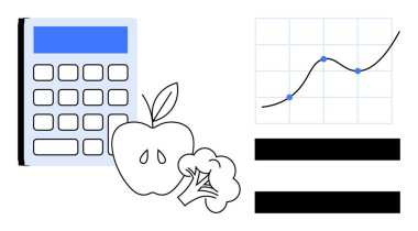 Elma ve brokolili hesap makinesi, yükselen eğilimi gösteren büyüme grafiği, eşitlik çubukları. Sağlık, finans, veri analizi, diyet planlaması, eğitim sürdürülebilirliği için idealdir. Basit düz