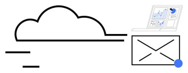 Analiz gösteren dizüstü bilgisayarlı bir zarfa bağlı bir bulut. Bulut depolama, e-posta, veri transferi, dijital pazarlama, iletişim, analiz, basit düz metafor