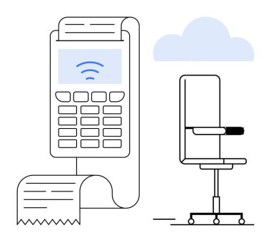 Ofis sandalyesi ve bulutun yanında kablosuz ödeme terminali. Finans, teknoloji, e-ticaret, işyeri, otomasyon, dijital çözümler ve yenilik için ideal. Basit düz metafor