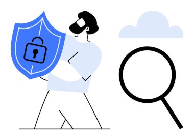 Büyüteç ve bulutun yanında asma kilitle kalkan tutan kişi. Siber güvenlik, veri koruması, gizlilik, bulut hesaplama, risk yönetimi, internet güvenliği, basit düz metafor