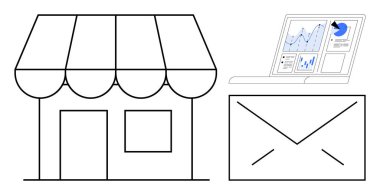 Mağaza önü, e-posta zarfı ve grafik dizüstü bilgisayarı pazarlamayı, müşteri iletişimini ve büyüme stratejilerini vurguluyor. Ticari promosyonlar, analitik, ecommerce, trendler için ideal online katılım