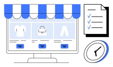 Bir kontrol listesi ve saatle birlikte giysi eşyaları ve alışveriş arabasının düğmeleriyle birlikte dijital mağaza önü. E-ticaret, planlama, zaman yönetimi, üretkenlik, çevrimiçi iş, alışveriş için ideal