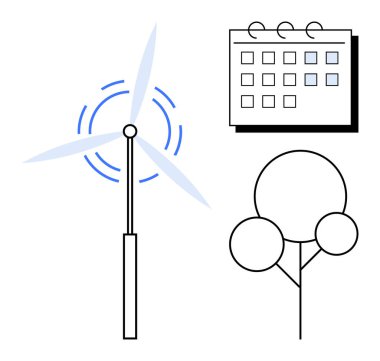 Sürdürülebilirliği, temiz enerjiyi, planlamayı ve çevresel hedefleri temsil eden rüzgar türbini, takvim ve ağaç. Enerji yönetimi, ekoloji, yeşil teknoloji ve çevre dostu programlar için ideal