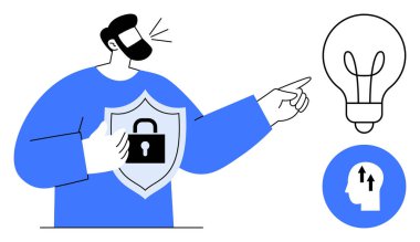 Siber güvenlik kavramı. Kilitli bir kalkan, yenilik için bir ampul ve gelişme için bir büyüme fikri olan siber güvenlik. Teknoloji, iletişim, yenilik ve eğitim için siber güvenlik