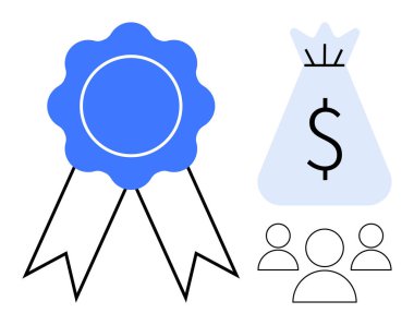 Ödül kurdelesi, dolar işareti para çantası ve grup simgeleri tanınma, para ödülü, işbirliği ve başarıyı vurguluyor. İş başarıları, liderlik hedefleri, takım çalışması teşvikleri için ideal
