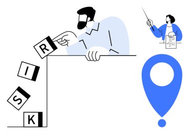 Risk bloklarının düşmesini önleyen bir kişi, işaretleyici ve grafikli veri içgörüleri sunan bir başkası. Risk yönetimi, strateji, planlama, ihtiyat, sorun çözme ve karar verme için ideal