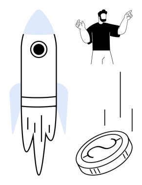 Roket yukarı doğru fırlatılıyor, bozuk para aşağı düşüyor büyümeyi temsil ediyor, adam yukarı bakıyor. Yenilik, iş yatırımları, ilerleme, girişimler, vizyon liderliği ve hırs için idealdir. Basit düz metafor