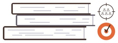 Üç büyük kitap yığını öğrenmeyi ve bilgiyi sembolize eder. Yakın ikonlar hedef kitle hedeflemesini ve hedef başarısını temsil ediyor. Eğitim, strateji, odaklanma, liderlik, öğrenme, araştırma için ideal