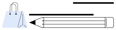 Alışveriş torbası, kalem ve siyah çizgiler. Temiz ve asgari düzeyde. Yaratıcılık, yazma, tasarım, alışveriş markalaşma sadeliği ve eğitim temaları için idealdir. Basit bir düz metafor.