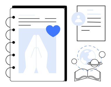 Dua eden elleri ve kalp ikonu olan defter, kişisel profil sayfası, yörüngeli dünya ve açık kitap. Maneviyat, eğitim, kişisel gelişim, küresel bağlantı, farkındalık duası için ideal