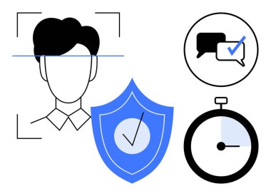 İnsan yüzü taslağı, işaretli mavi kalkan doğrulama sembollü sohbet balonu ve kronometre. Teknoloji, gizlilik, iletişim, güvenlik, zaman yönetimi kimliği için ideal