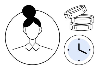 Çemberdeki kadın figürü, saat ve para yığını zamanı, parayı ve insan becerilerini sembolize ediyor. İş, kariyer, planlama, finansman üretkenlik yatırımı ve verimlilik temaları için ideal