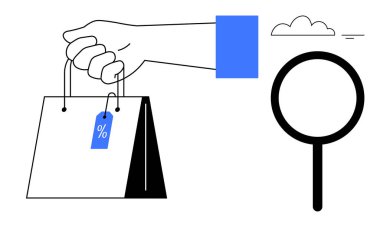 E-ticaret konsepti. İndirimli etiketli bir alışveriş çantası, büyüteç, ve bulut çevrimiçi alışveriş, fiyat karşılaştırması, ve perakende analizi. Satışlar, perakende satış, çevrimiçi promosyonlar için ideal