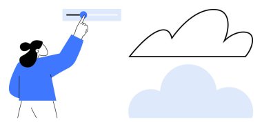 Kişinin dikey kaydırıcı ile etkileşimi, ayarları minimum siyah ve mavi bulut grafiklerine göre ayarlamak. Teknoloji, bulut hesaplama, kullanıcı arayüzü, özelleştirme, kontrol, basitlik için ideal