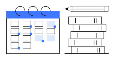 İşaretli tarihler, kalemler ve kitaplarla dolu bir takvim. Program, eğitim, verimlilik, strateji, organizasyon zaman yönetimi için ideal. Basit düz metafor