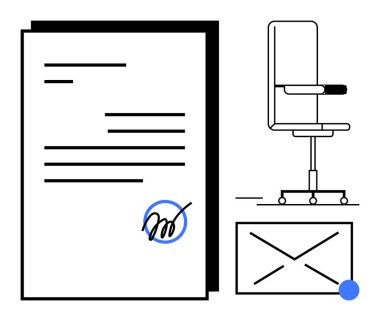 İmzalı sözleşme kağıdı, işyerini simgeleyen ofis sandalyesi ve iletişim için bir zarf. İş için ideal, yasal anlaşmalar, işyeri kurulumu, iletişim, profesyonel iş akışı