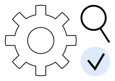 Dişlileri sembolize etme süreci analiz için büyüteç ve onay için kontrol işareti. İş akışı, verimlilik, verimlilik, kalite, araştırma doğrulama teknik sistemleri için ideal. Basit düz