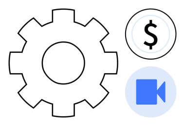 Gear işlemleri sembolize eder, finans için dolar işareti, ve video işbirliği için kamera simgesi. Teknoloji, iş dünyası, yenilik, finans, üretkenlik, iletişim ve dijital için ideal