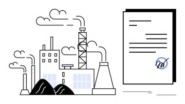 Bacalı fabrika duman salıyor ve imzalı belge. Kirlilik için ideal, çevre politikası, düzenleme, sanayi mesuliyeti, sürdürülebilirlik, sözleşmeler, yasal uyum. Basit düz