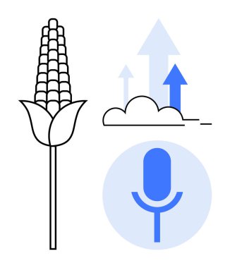 Mısır bitkisi, yukarı doğru büyümeyi sembolize eden oklar ve teknolojiyi temsil eden bir mikrofon. Sürdürülebilirlik, akıllı tarım, yenilik, ilerleme, tarım teknolojisi, veri güdümlü tarım için ideal basit düz