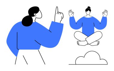 Kendine güveni tam bir kadın parmak kaldırmış ve huzurlu bir figür küçük bir bulutun üzerinde meditasyon yapıyor. Farkındalık, liderlik, odaklanma, karar verme, pozitiflik, ilham, basit düz
