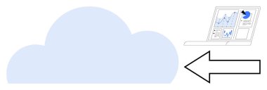 Haritaları ve grafikleri gösteren bir dizüstü bilgisayarı gösteren oklu bir bulut simgesi. Teknoloji, bulut depolama, veri analizi, uzaktan çalışma, dijital dönüşüm, bilişim çözümleri, basit düz metafor