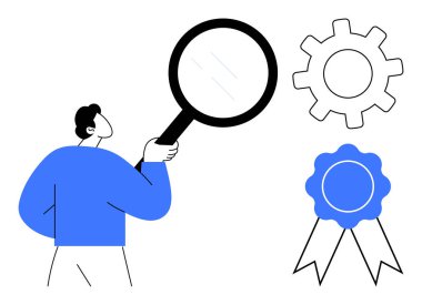 Şahıs, büyüteç kullanarak bir vites ve rozeti inceliyor. Araştırma, analiz, odaklanma, yenilik, kalite güvencesi, başarı ve problem çözme için ideal. Basit düz metafor