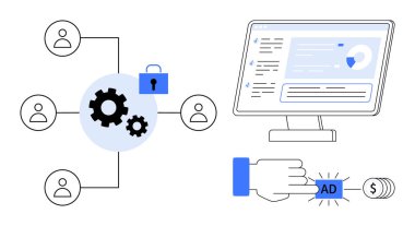 Dişlilere bağlı kullanıcı profilleri ağı, güvenliği gösteren bir kilit. Bilgisayar ekranında veri analizi görülüyor ve bir el reklam düğmesine basıyor. Dijital pazarlama, reklam ve veri güvenliği için ideal