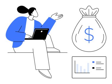 Dizüstü bilgisayarı tutan, yatırım artışını gösteren bir kadın. İçinde para çantası ve veri tablosu var. Finans, yatırım, ekonomi, analitik, strateji başarı yeniliği için idealdir. Basit düz