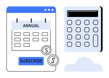 Abonelik düğmesi olan yıllık takvim, ödemeyi, hesap makinesini ve bulut elemanını simgeleyen madeni paralar. Finans, bütçe, abonelik hizmetleri, planlama, maliyet yönetimi karar verme süreci için ideal