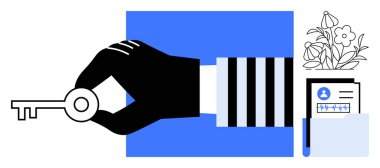 Kullanıcı adı ve şifresi olan profil belgesinin yanında çiçek saksısının yanında siyah bir el tutuyor. Güvenlik, erişim, mahremiyet, veri koruması, kimlik ve dijital güvenlik için ideal. Basit bir daire.