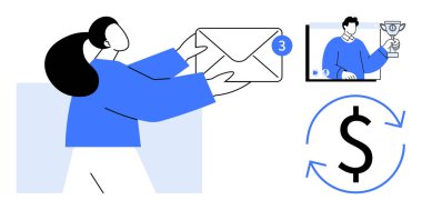 Elinde bir e-posta zarfı bildirimi tutan bir kadın, ödüllü bir video görüşmesi, dönen dolar sembolü. Uzaktan iletişim, dijital pazarlama, finansal büyüme, çevrimiçi ödüller, iş dünyası için ideal