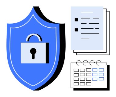 Kilitli kalkan, organizasyon ve planlamayı temsil eden belge ve takvimin bitişiğindeki güvenliği sembolize eder. Siber güvenlik, veri koruması, mahremiyet, planlama, uyum, yönetim için ideal