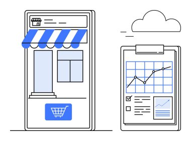 Büyüme çizelgelerinin yer aldığı bir belgenin yanında tente ve el arabası simgesi ile mobil alışveriş uygulaması mağazası önü. E-ticaret, iş analizi, çevrimiçi satış, pazarlama, strateji, perakende yönetimi için ideal