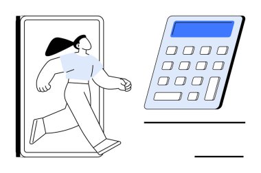 Kadın, bir cihazdan çıkıp finansal kararları, dijital erişimi ve verimliliği simgeleyen bir hesap makinesine doğru adım atıyor. Finans, teknoloji, muhasebe, yenilik, hareketlilik ve güçlendirme için ideal