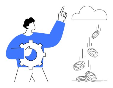 İnsan malzemeleri, bulut salınımına işaret eden madeni paralar, otomasyon, yenilik, ekonomik başarı, teknoloji güdümlü finans, gelir üretimi, kaynak yönetimi simgeliyor. İş için ideal