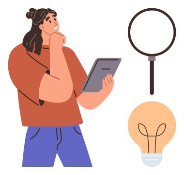 Tablet tutan, düşünen, yanında büyüteç ve ampul taşıyan bir kadın. Kavramlarda ideal problem çözme, yenilik, beyin fırtınası, araştırma, fikirler, merak çevrimiçi
