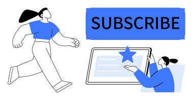 İnsanlar, yıldız markalı bir tablet içeren bir abonelik süreciyle etkileşim halindeler. Pazarlama, markalaşma, dijital katılım, çevrimiçi hizmetler, kullanıcı etkileşimi, abonelik platformları, müşteri ilişkileri için ideal