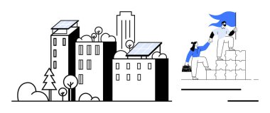 Güneş panelleri ağaçlarla çevrili modern binalar istiflenmiş bloklarda birbirini destekleyen profesyonellerle yan yana. Sürdürülebilirlik, takım çalışması, işbirliği, liderlik, yenilenebilir kaynaklar için ideal