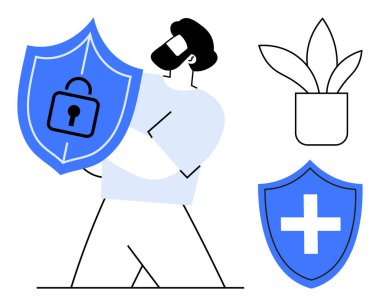 Sağlık kalkanı ve bitkinin yanında kilit sembollü bir kalkan tutan bir adam. Basit bir düz metafor olarak güvenlik, sağlık, istikrar, mahremiyet, koruma ve sağlık için idealdir.