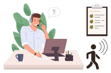 Kulaklıklı bir adam müşteri desteğiyle meşgul oluyor. Bilgisayarlı, kontrol listeli ve yürüyen figürlü. İş, iletişim, destek, üretkenlik, organizasyon ve sorumluluk için ideal