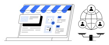 E-ticaret mağazası, ürün ikonları, bağlı kullanıcılar ağı ve ölçek çevrimiçi alışveriş, küresel bağlantılar, adalet, e-ticaret, işbirliği, eşitlik, düz metaforu sembolize eder