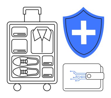 Minimalist bavul, devre desenli dijital cüzdan ve çapraz temalı sağlık kalkanı. Seyahat, paketleme, güvenlik, sağlık, finansal güvenlik ve planlama için ideal. Basit.