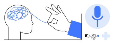 Karışık beyinden el çekme ipliği, ses teknolojisini gösteren mikrofon ikonu, parmak şıklatma dijital ekleme tuşu. Problem çözme, yenilik, zihinsel berraklık, yapay zeka etkileşimi için ideal