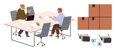 Bir masada iki profesyonel, yapay zeka robotlarıyla çalışıyor ve lojistik planları tartışıyorlar. Paketlenmiş kutular envanteri ya da nakliyeyi sembolize eder. Takım çalışması, lojistik, otomasyon, yapay zeka, planlama, yenilik için ideal