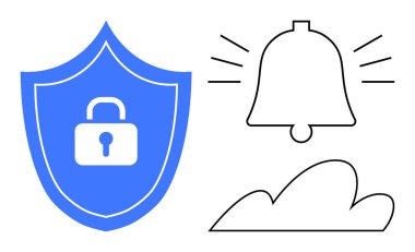 Kilit simgesine sahip kalkan koruma bulutu, depolama çanı uyarıları ya da uyarıları temsil eder. Veri güvenliği, siber koruma, depolama güvenliği, bildirimler, alarm sistemleri için ideal
