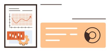 Yükselen trend, pasta grafiği, ayar simgesi ve analitiği, iş büyümesini, istatistikleri, yönetimi, karar verme verilebilirliğini ve mali analizi temsil eden veri tablosu grafiği. Basit düz