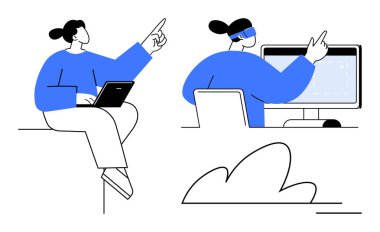 Teknolojiyle uğraşan iki birey. Biri dizüstü bilgisayar kullanırken diğeri AR kulaklığı takıyor. Takım çalışması, yenilik, yaratıcılık, teknoloji, uzak çalışma, gelecek için ideal