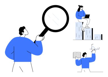 Elinde büyüteç tutan adam, dizüstü bilgisayarda çalışan kadın, bilimsel diyagramı analiz eden kişi. Araştırma, analiz, öğrenme, veri içgörüsü, takım çalışması, sorun çözme stratejisi için ideal